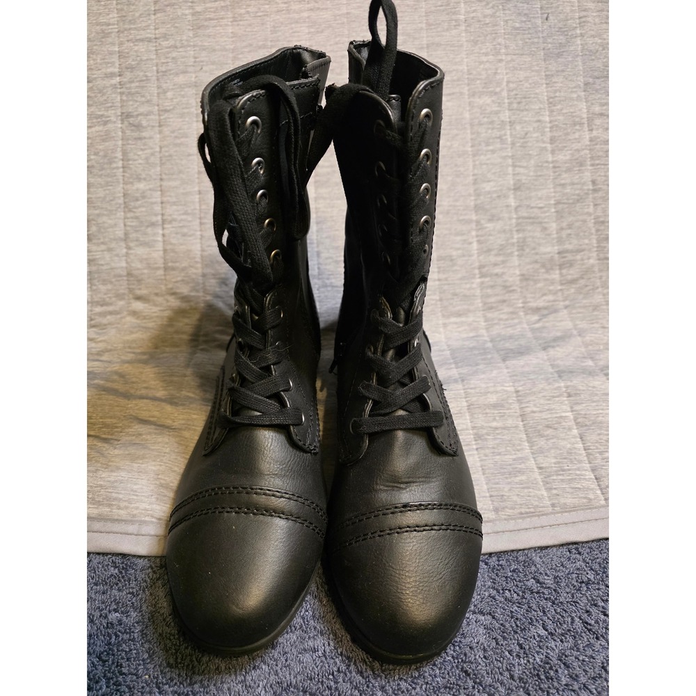 1469 Time and Tru Womens Black Combat Boots Side Zip Lace Up Cap Toe Size 10W
